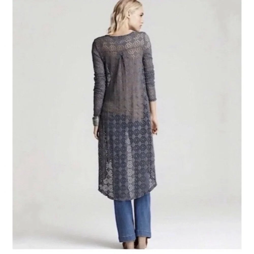 Vintage Free People Beach Gray Crochet Button Front Maxi Cardigan - Picture 13 of 16